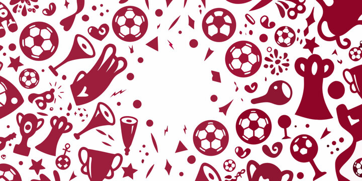 Soccer themed vector pattern with maroon elements on white background