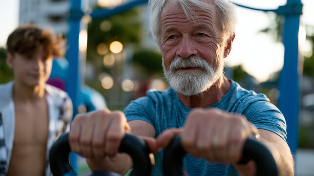 Retired postal worker lifting kettlebells in outdoor park fitness station, intergenerational interaction as teenage neighbor observes form with curiosity, senior strength program, functional aging f