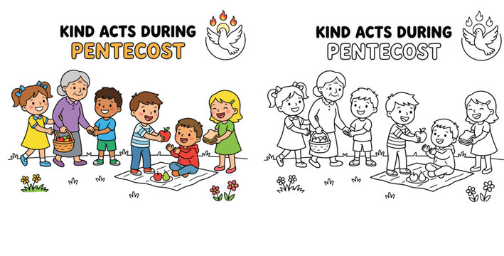 Children and Grandmother Performing Kind Acts of Sharing and Helping During Pentecost Celebration