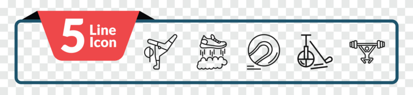 outline sports icons set - breakdance, flying shoes, unicycling hockey, weight lifting. editable vector for web and mobile ui