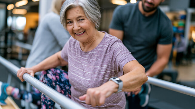 Seventy-three-year-old woman performing single-leg balance exercise beside parallel bars in community senior fitness center, personal trainer spotting her, functional movement aging, fall prevention
