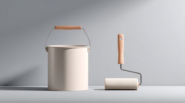 Minimal paint roller and bucket on clean studio background, commercial renovation concept with soft lighting and product focused composition