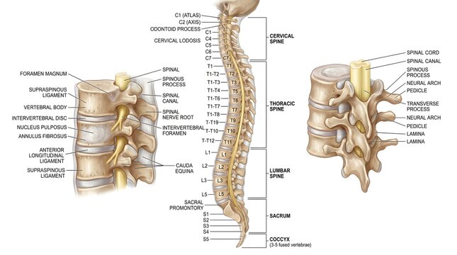 Comprehensive anatomy of the human vertebral column showing cervical, thoracic, lumbar, sacral and coccygeal regions, plus enlarged cross‑sections detailing vertebral bodies, spinous and transverse pr