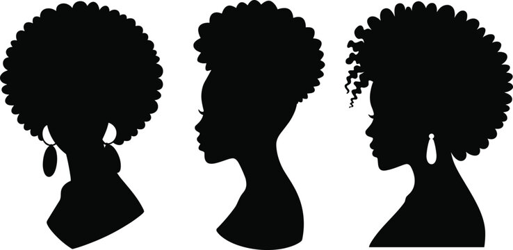 Black silhouette profiles with natural afro hairstyles, highlighting diverse textured hair designs, cultural beauty, and artistic minimalist portrait style