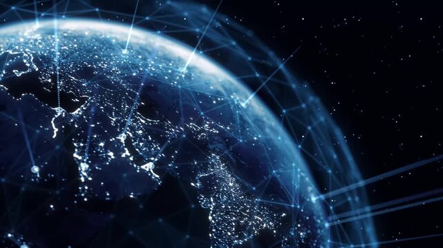 Global Connection Lines. Earth Network Data Transfer. Futuristic AI Technology, 5G, Globe Satellite Communication, Internet Connectivity, Big Data, Digital World Background Animation. Crypto Exchange