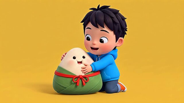 Boy hugging a personified dragon boat festival zongzi with happy smile