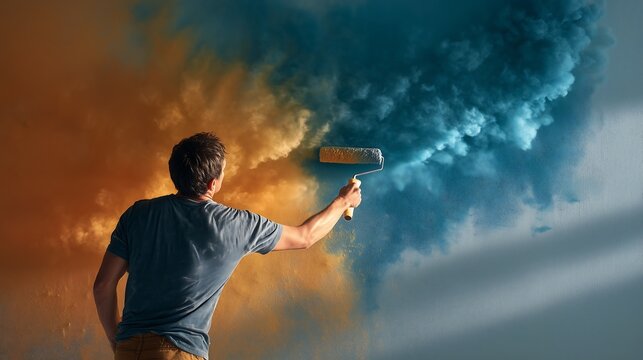 Painter rolling vibrant paint on interior wall, dynamic home renovation scene with realistic motion, modern apartment makeover atmosphere and soft shadows