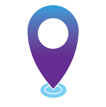 The location marker icon (map pin) is a blue to purple gradient with a circular hole in the center, standing on top of a target symbol or circular water ripple. Modern, clean and minimalist style dest