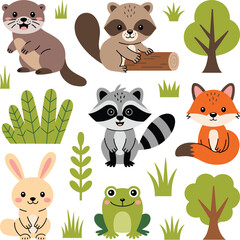 Cute Woodland Forest Animals Cartoon Collection with Trees and Grass Elements for Children Education and Nature Themes © MDABDULLAH