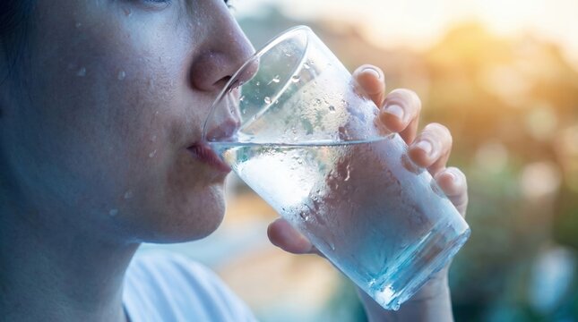 A close up of a sweating person drinking a refreshing glass of cold water during hot summer weather.