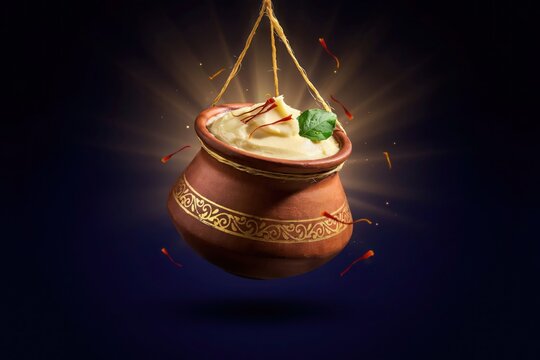 Krishna Janmashtami Dahi Handi Hanging Clay Pot of Butter Makhan with Rope Decoration Divine Festive Concept Background. Generative AI.