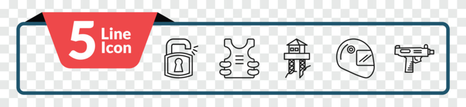 outline security icons set - unlock padlock, bullet proof vest, racing helmet, uzi. editable vector for web and mobile ui