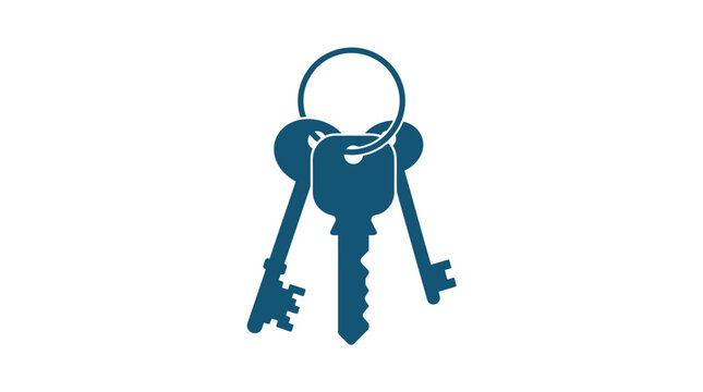 Set of three blue metal keys on a keyring, isolated on white background