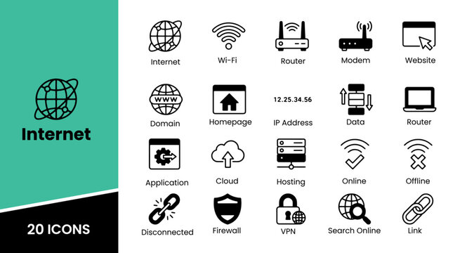 Comprehensive network and IT infrastructure icon set featuring cloud computing, servers, data centers, devices, internet connectivity,  secure networking concepts. Vector illustration transparent PNG.