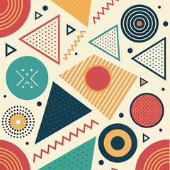 Obraz premium Memphis Style Abstract Geometric Pattern – Retro Colorful Shapes Seamless Background