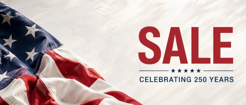 USA independence 250 anniversary sale banner with folded national flag, red SALE text, stars, cream background, copy space, patriotic retail promotion for advertising, marketing, social media