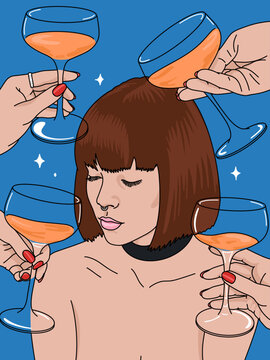 Women's Portrait with Hands Holding Cocktail Glasses on Blue Night Sky with Stars Background