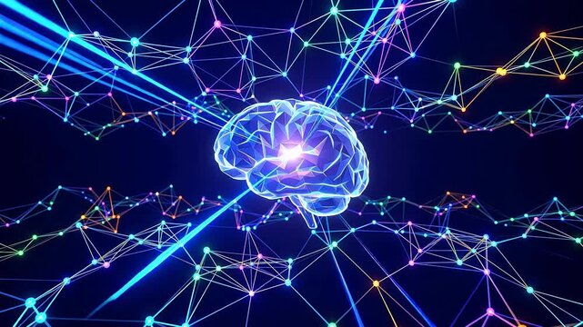 Blue technological brain with neural network background illustration