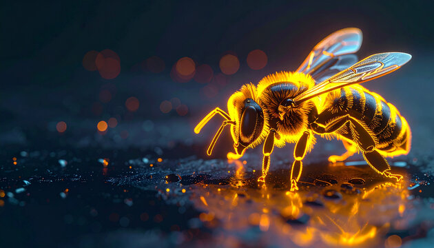 Honeybee vibrant neon edge glowing insect on dark slate surface, isometric digital render, futuristic style, detailed wings, luminous, creative mood