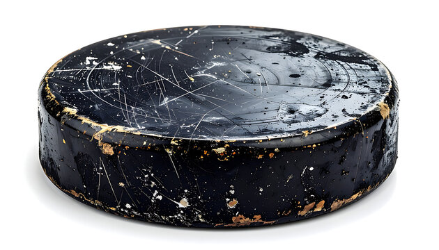 Isolated black hockey puck with white markings and scratches on a neutral background