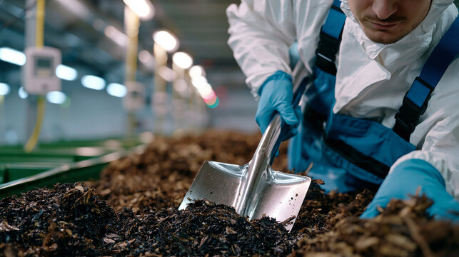 Black soldier fly larvae processing facility worker in protective overalls shovels organic waste substrate into insect bioconversion trays, temperature monitoring stations and frass collection bins 