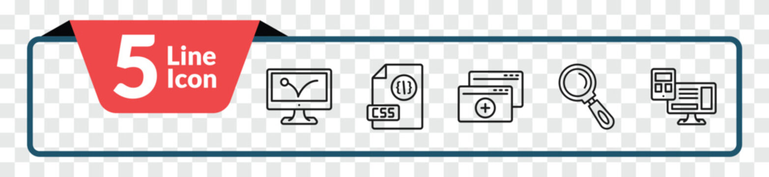 outline programming icons set - advertising bounce, css file format, search, adaptive layout. editable vector for web and mobile ui