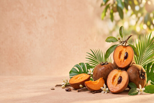 Ripe mamey sapote fruits with cut halves, slices, seeds, and white blossoms on a textured beige background
