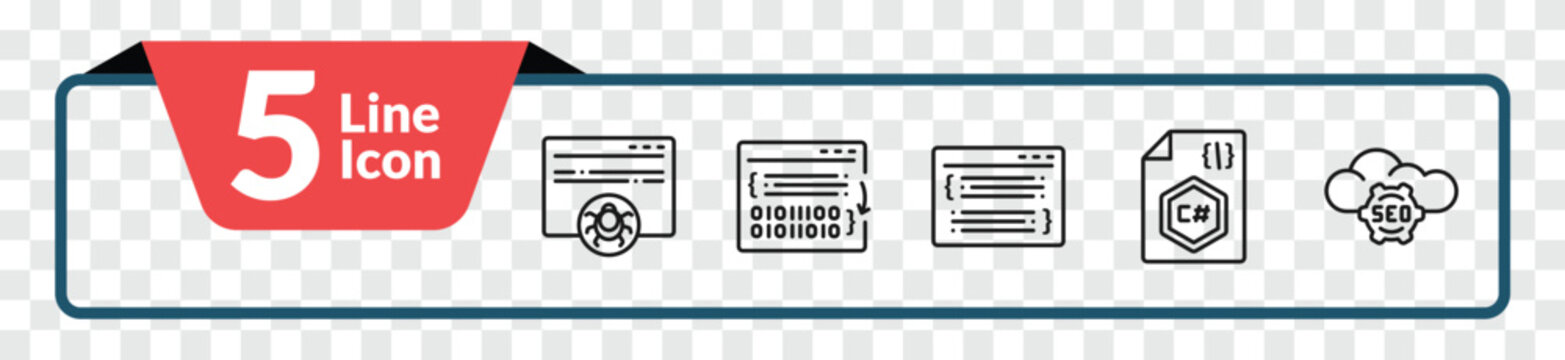 outline programming icons set - bug report, compiler, c sharp, seo cloud. editable vector for web and mobile ui