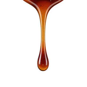 A single thick drop of sweet maple syrup dripping down slowly isolated for food and cooking design projects isolated on transparent background