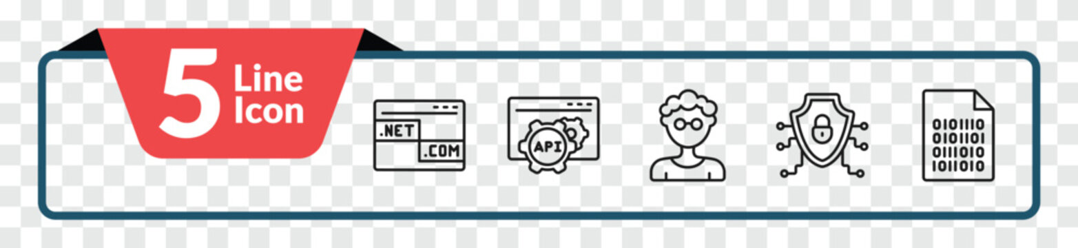 outline programming icons set - web domain, api, secured network, binary file. editable vector for web and mobile ui