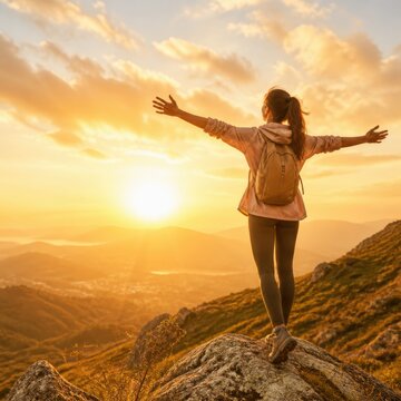 Woman hiker with backpack standing on mountain at sunset with arms outstretched in a travel adventure scene
