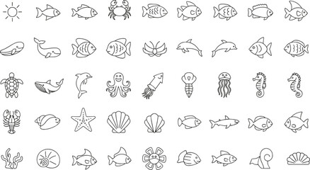 Marine life icon illustration collection featuring fish, crab, whale, dolphin, turtle, octopus, coral, shells, and ocean design © shamsuzzoha