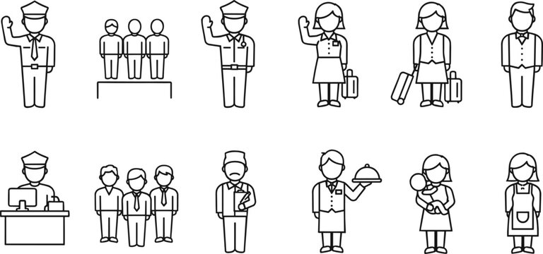 Profession icon illustration collection featuring police officer, businessperson, flight attendant, military, waiter, caregiver, chef, and diverse roles