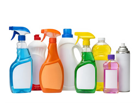 Group of colorful plastic bottles for household cleaning supplies and liquid detergent products isolated on transparent background