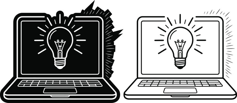 Laptop computer screen with illuminated idea lightbulb icon computer lightbulb innovation technology solution creative business knowledge thinking
