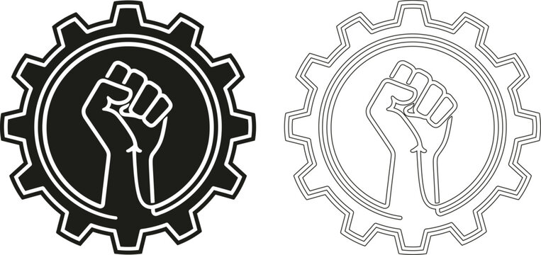 Raised fist inside a cogwheel icon vector with cogwheel strength solidarity industrial engineering mechanism mechanical industry resistance business