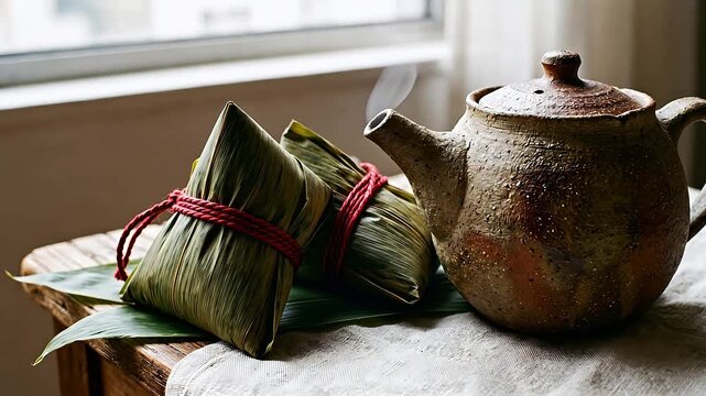 traditional zongzi and ceramic teapot on wooden table by window