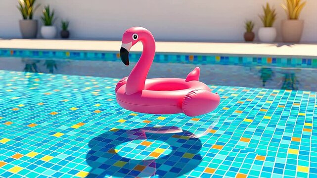 Pink flamingo inflatable ring floating in a swimming pool with blue mosaic tiles