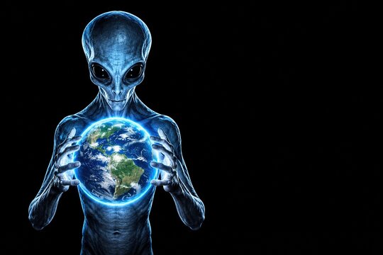Alien holding the planet Earth in its hands against a black background, concept of cosmic surveillance, advanced civilization, alien life, universe, science fiction and future