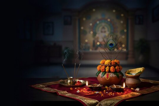 Krishna Janmashtami Divine Temple Altar Prasad Offering Ritual Scene. Generative AI.