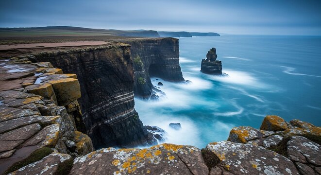Dramatic sea cliffs with stone stack formation on the Atlantic coastline