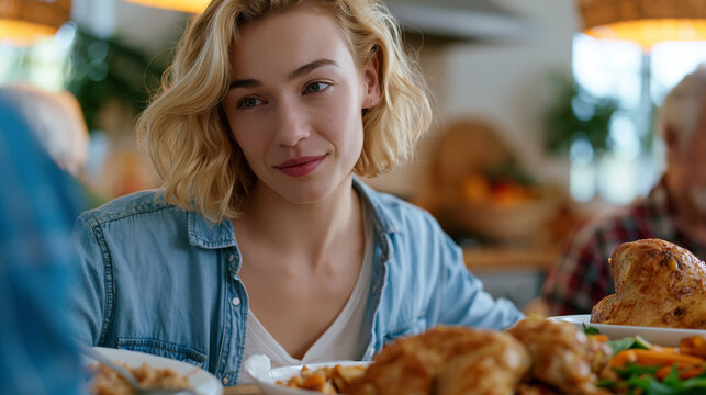 woman at a dinner table practicing saying no to relatives passing dishes, subtle discomfort on her face, people-pleasing recovery, family dynamics healing, boundary setting behavior, psychological g