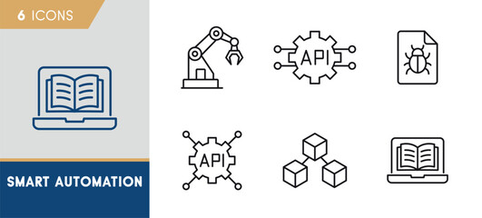 Fototapeta premium Smart Automation Line Icon Set. API Integration and Robotics Outline Icons.