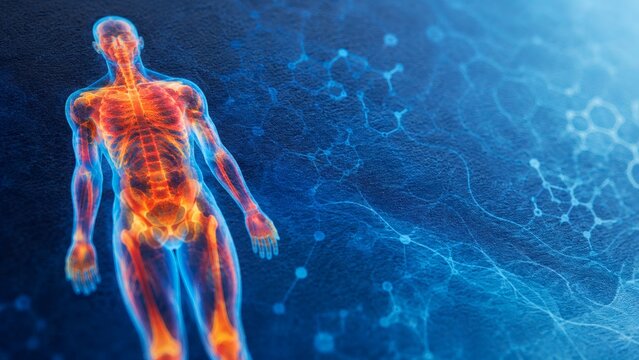 Advanced Body Composition Imaging Background with Radiant Anatomical Silhouette and Scientific Paper Texture