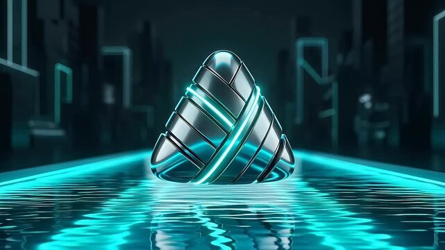 Futuristic dragon boat festival zongzi floating on water with metallic texture and glowing lines in a cyberpunk cityscape