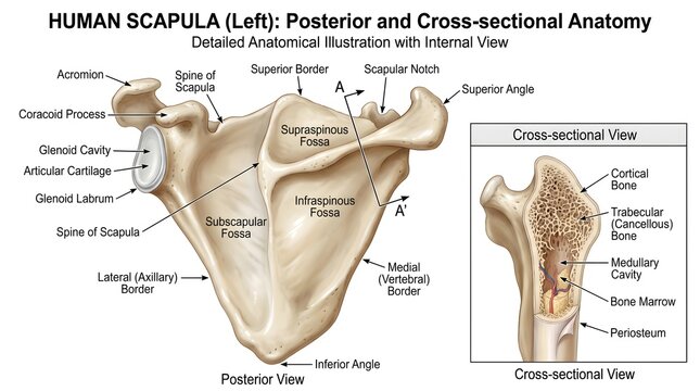 Human left scapula posterior view with labeled acromion, coracoid process, scapular spine, supraspinous and infraspinous fossae, borders and angles, plus inset cross‑section revealing compact cortical