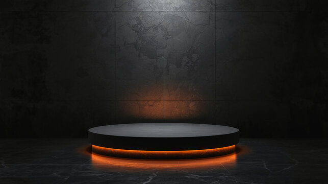 A dark circular product podium sits on a marble floor, illuminated by an orange neon underglow against a textured stone wall.