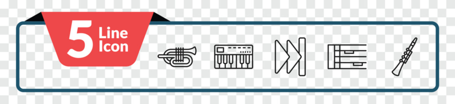 outline music and media icons set - cornet, music keyboard, whole rest, oboe. editable vector for web and mobile ui