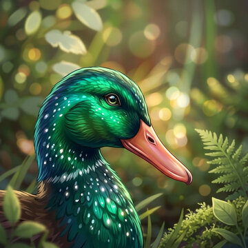 Detailed digital illustration of a green-headed mallard duck in a lush forest with bokeh lighting
