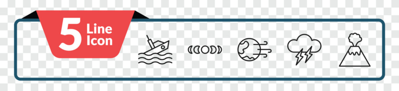 outline meteorology icons set - boat capsizes, moon phases, thunder cloud, erupting volcano. editable vector for web and mobile ui